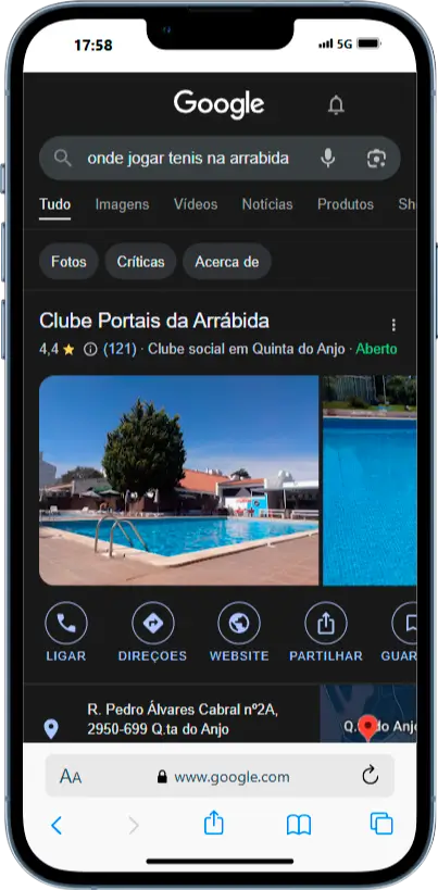 Pesquisa Google "Onde Jogar Ténis na Arrábida"