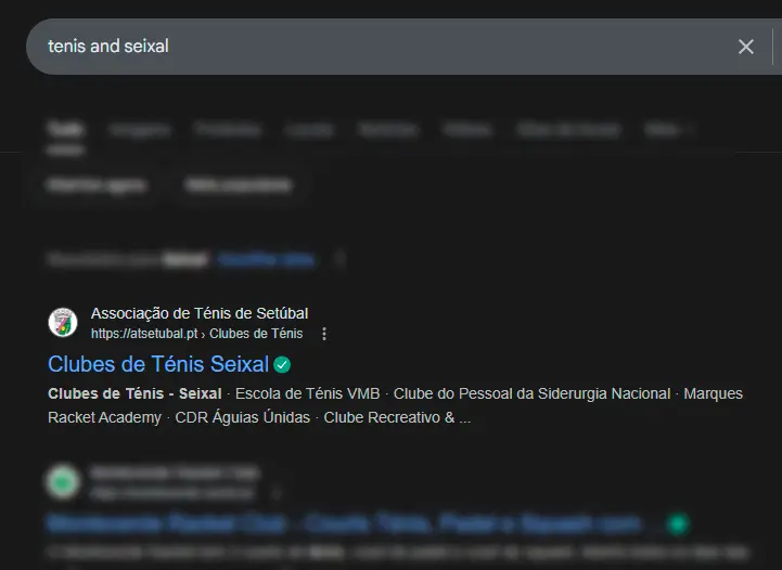 Posição Google para pesquisas com Ténis e Seixal